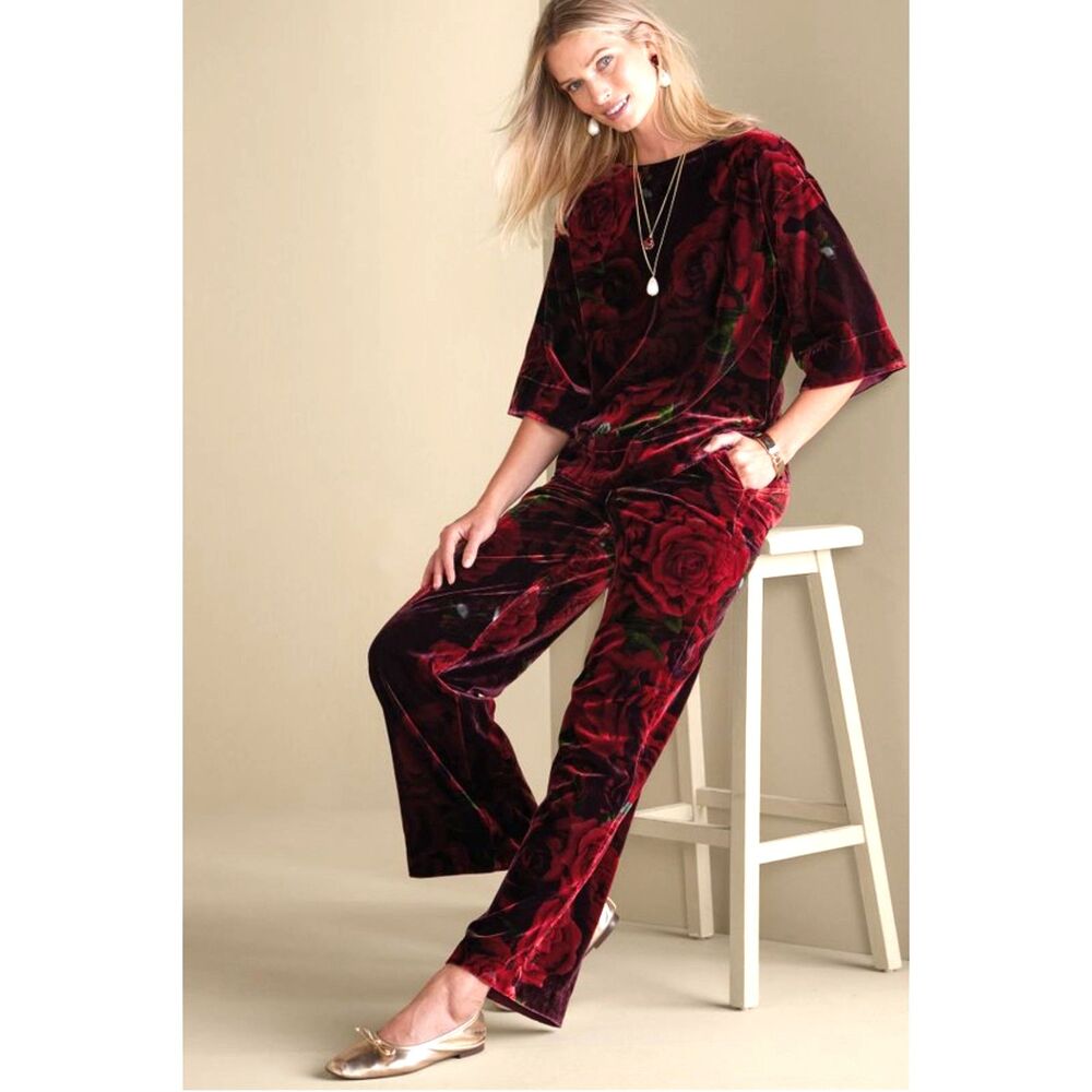 Soft Surroundings Aria Velvet Pants Wide Leg Romantic Roses Petite XS NWT